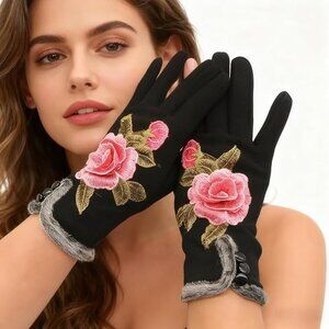Women Winter Warm Gloves Embroidered Flowers
